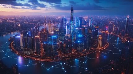 Obraz premium Smart digital Innovation city with connection network reciprocity over the cityscape. of future smart wireless city and social media networking systems that connects business people with in city
