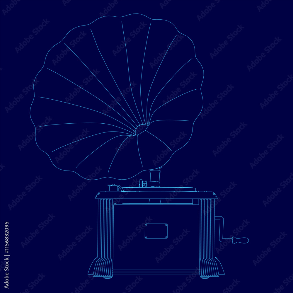 Poster blue drawing of a record player with a blue background. the record player is a vintage model and is 