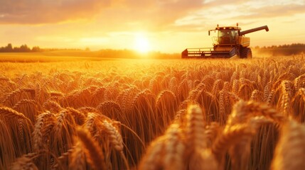 Golden Harvest Sunset: A Combine Harvester Gathers Wheat at Dusk