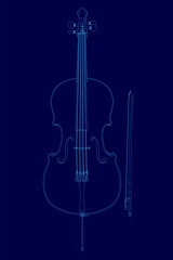 Fototapeta premium Blue image of a cello with a blue outline. The cello is shown in a stylized way, with the strings and the neck of the instrument visible. Concept of elegance and sophistication