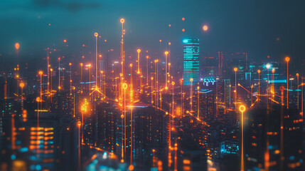 Smart digital Innovation city with connection network reciprocity over the cityscape. of future smart wireless city and social media networking systems that connects business people with in city