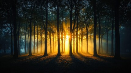 Obraz premium Enchanted Morning Light Breaking Through Dense Forest Trees Surrounded by Ethereal Fog and Shadowy Landscapes Creating a Mystical Atmosphere