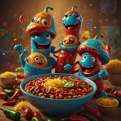 A cartoon-style illustration of smiling chili beans having a fiesta in a bowl.