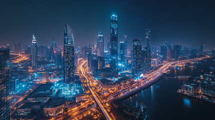 Fototapeta premium Smart digital Innovation city with connection network reciprocity over the cityscape. of future smart wireless city and social media networking systems that connects business people with in city