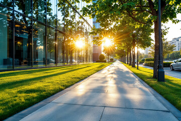 Obraz premium Modern Urban Sidewalk with Glass Building and Trees in Sunset Light.