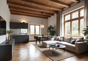 Fototapeta premium luxury cozy apartment interior living room with skandinavian elements and kitchen with parquet floor and ceiling with beams of coniferous wood and big windows