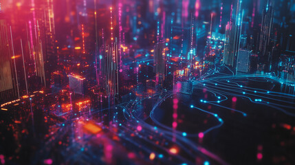 Fototapeta premium Smart digital Innovation city with connection network reciprocity over the cityscape. of future smart wireless city and social media networking systems that connects business people with in city