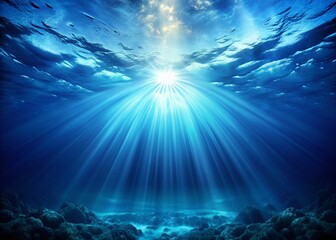 Fototapeta premium Abstract Underwater Scene: Dark Blue Background with Light Rays, Dramatic Ocean Depth Stock Photo