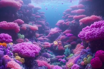 Fototapeta premium Vibrant Underwater Coral Reef Ecosystem in Surreal Fantasy Landscape