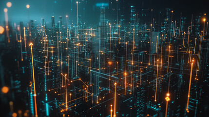 Smart digital Innovation city with connection network reciprocity over the cityscape. of future smart wireless city and social media networking systems that connects business people with in city