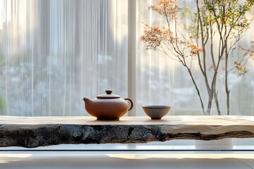 Clay teapot and ceramic cup on a wooden table with soft natural light and blurred background, representing wabi sabi aesthetic and simplicity
