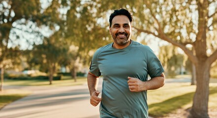 Obraz premium Hispanic male jogging in park during autumn afternoon for fitness and health