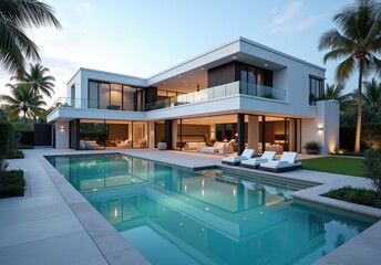 Exterior of amazing modern minimalist cubic villa with large swimming pool among palm trees
