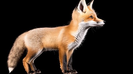 Fototapeta premium A breathtaking close-up captures a fox in profile, showcasing its vivid orange fur and keen eyes against a dark backdrop. Perfect for wildlife projects and creative nature studies.