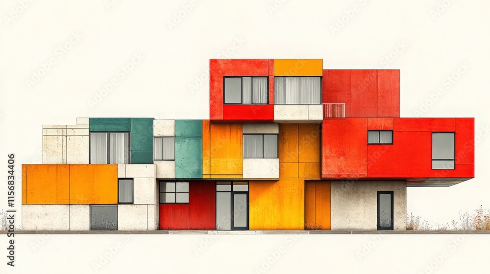 Poster modern architectural design featuring vibrant colors and geometric shapes with a unique facade in a 