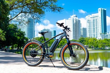 Fototapeta premium Near a canal lined with greenery, a bicycle stands with buildings in the backdrop.