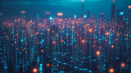 Smart digital Innovation city with connection network reciprocity over the cityscape. of future smart wireless city and social media networking systems that connects business people with in city