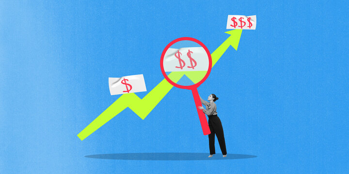 Poster. Contemporary art collage. Woman dressed in formal attire holding magnifying glass near green rising arrow with dollar symbols placed around it. Concept of business, marketing, finance, sales.