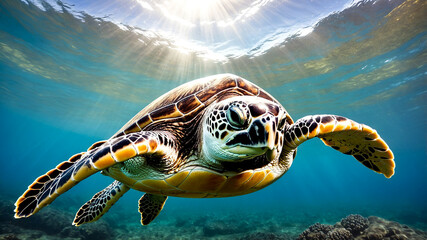 Obraz premium Breathtaking Sea Turtle Swimming in the Ocean with Stunning Background