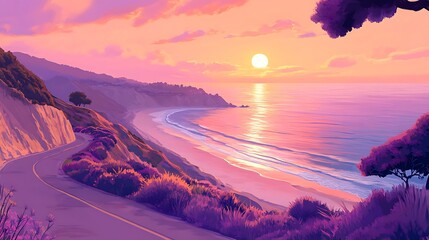 Vibrant Digital Painting: Serene Coastal Sunset Landscape Illustration. AI Generated