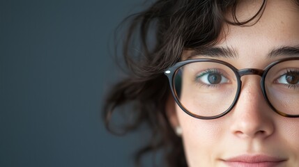 Obraz premium A detailed close-up of a young woman with curly brown hair, wearing round glasses, against a dark neutral background