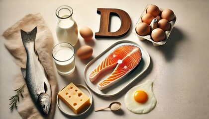 Healthy Vitamin D Sources Displayed in Minimalist Style : Fresh salmon fillets, eggs, milk, and cheese showcased on a light, clean background, promoting natural dietary sources of Vitamin D.