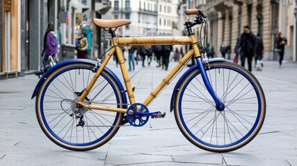 A trendy bamboo bike is parked on a busy city street, promoting urban biking and eco-conscious travel.