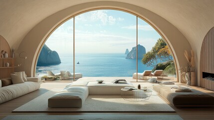 Fototapeta premium Beach house living room with a large arched window, coastal decor, and a breathtaking ocean view
