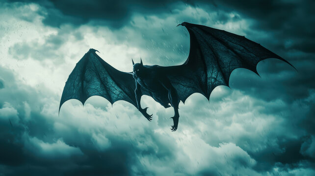 Terrifying, shadowy figure with bat wings and claws flies through a stormy sky.  Dark, ominous, horror.