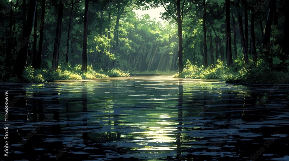 Poster serene forest reflection at dusk with lush green trees surrounding a tranquil river and soft light d