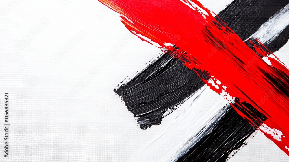 Poster a black and white line pattern with subtle red splashes.