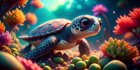 Adorable Chibi Turtle Reef Swimming Tilt-Shift Stock Photo - Cute Sticker Design