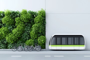 A basic depiction of a cyclist and a tram coexisting on a road, representing the blend of green transport in urban areas.