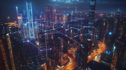 Fototapeta premium Smart digital Innovation city with connection network reciprocity over the cityscape. of future smart wireless city and social media networking systems that connects business people with in city