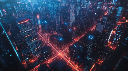 Smart digital Innovation city with connection network reciprocity over the cityscape. of future smart wireless city and social media networking systems that connects business people with in city