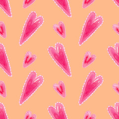 Watercolor hearts orange1 background. Seamless watercolor pattern for valentines day decor, holidays textile, wallpaper, wrapping paper