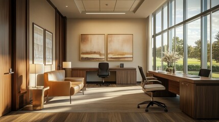 Collaborative workspace with a warm ambiance, wood finishes, and plenty of natural light from oversized windows