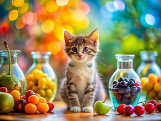 Adorable Kitten Amidst Colorful Fruits & Bottles - Tilt-Shift Miniature Photography