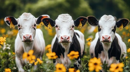 Three Young Heifers with Distinctive Ear Tags Surrounded by Vibrant Yellow Flowers in Lush Green Pastures on a Sunny Day