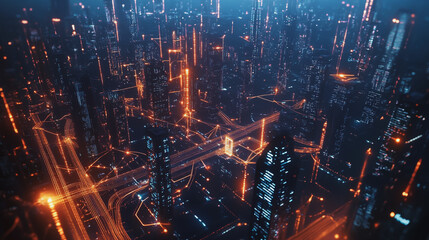 Obraz premium Smart digital Innovation city with connection network reciprocity over the cityscape. of future smart wireless city and social media networking systems that connects business people with in city