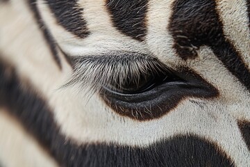 close-up of a zebra eye with long eyelashes with striped fur texture
