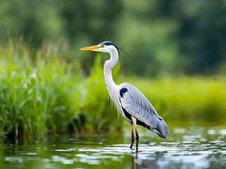 A majestic Grey Heron (Ardea cinerea) in its natural habitat, perfect for wildlife photography, birdwatching, and nature conservation projects.