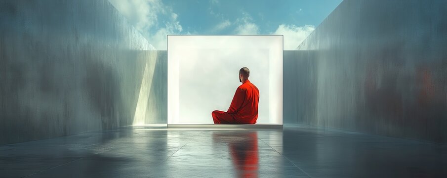 Man in red sitting inside an imaginary white box