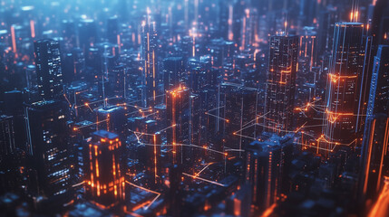 Obraz premium Smart digital Innovation city with connection network reciprocity over the cityscape. of future smart wireless city and social media networking systems that connects business people with in city