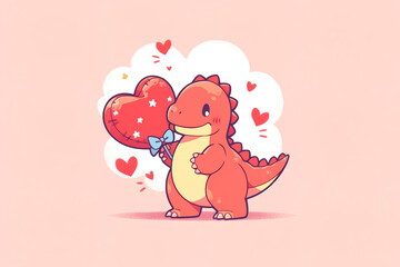 charming cartoon little kawaii dinosaur holding red heart on pink background