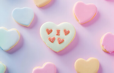Obraz premium pale valentine candy cookies with messages over pastel background