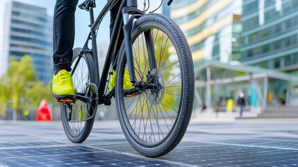 Naklejka premium The juxtaposition of the bicycle path and electric highway presents a modern urban setting, emphasizing eco-friendly transport with a sleek bike on a well-maintained path, highlighting