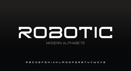 Geometric futuristic font, bold angular letters, tech robotic inspired design for gaming logos, sci-fi branding, innovative typography. Vector typeset
