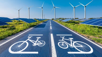 The solar panels and wind turbines along the bicycle path by the electric highway support green travel, illustrating a perfect balance between nature and modern technology.