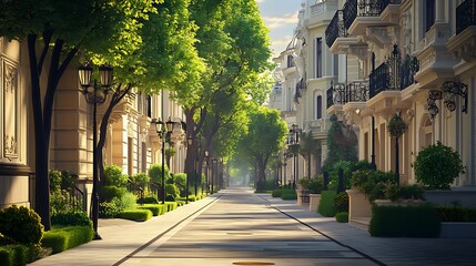 Obraz premium Serene Morning Street Scene: Wide Shot Photo of Lushly Landscaped Urban Pathway. AI Generated